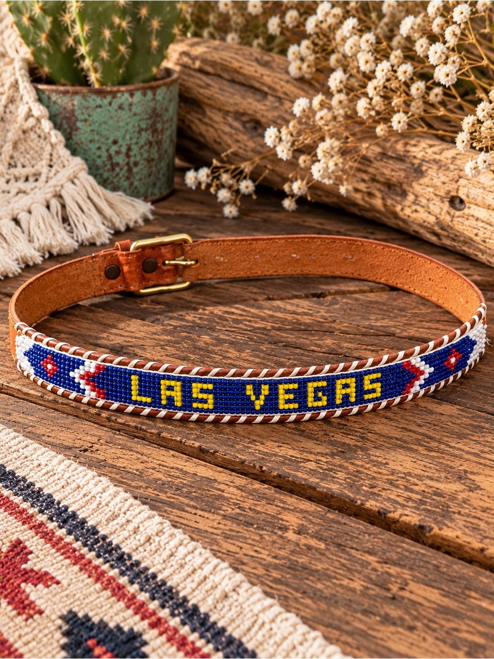 Vintage Beaded Las Vegas Leather Belt Southwestern Tooled Souvenir Boho